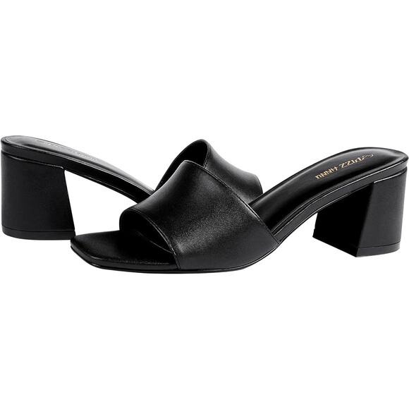 Pizz Annu Womens 8 Black Faux Leather Open Toe Slide On 2.5" Block Heel Shoes - Picture 2 of 6